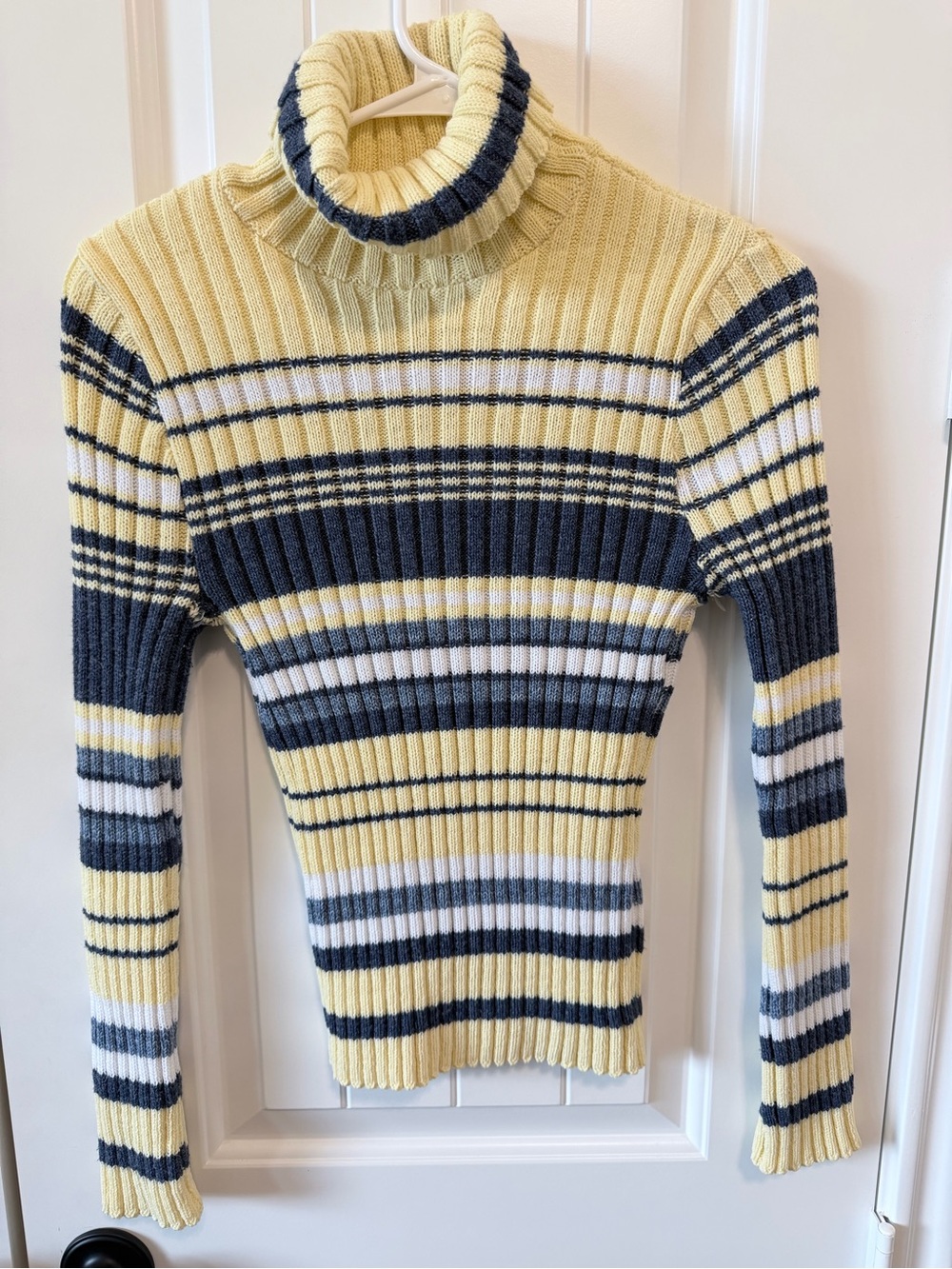 Y2K Striped Ribbed Turtleneck Sweater Medium Yellow Navy